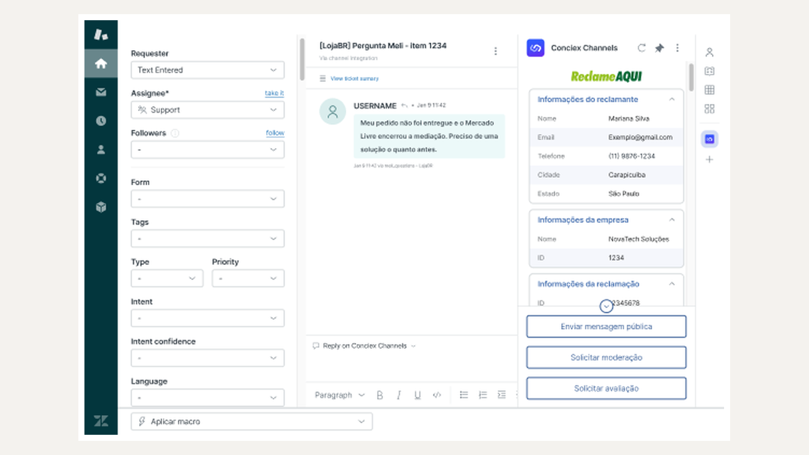 Cinco ações Reclame Aqui no ticket Zendesk: pública, privada, mediação, bloqueio, avaliação